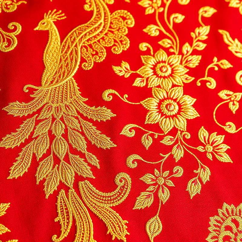 Bridal peacock embroidery on red fabric