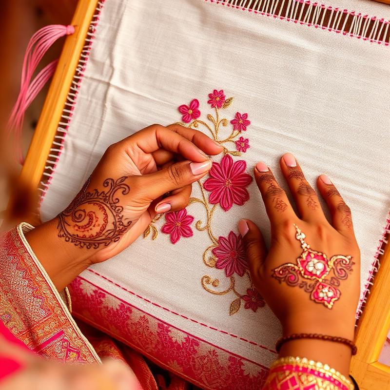 Hands doing Aari embroidery work